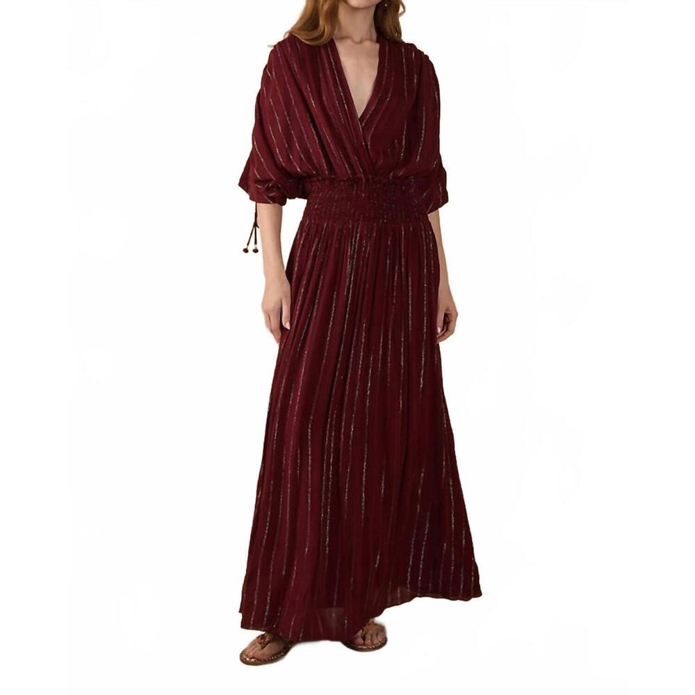 NEW DRESS TO tamia long lurex dress with smocked yoke in wine
